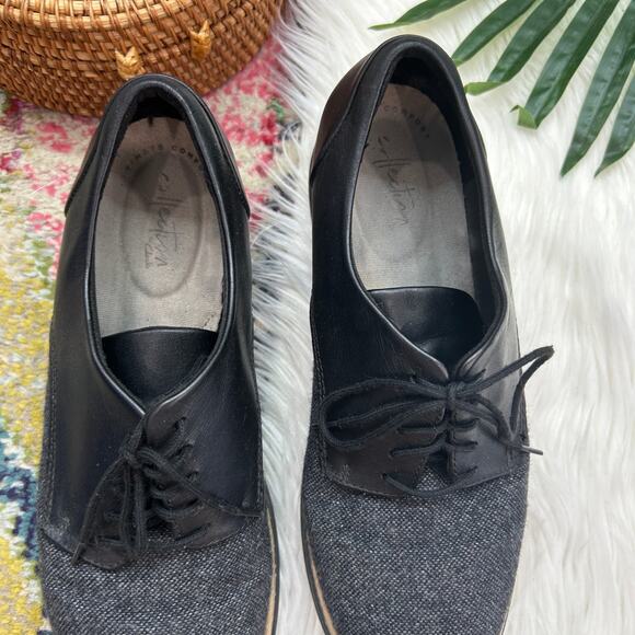 Clarks Black Gray Leather Tweed Preppy Sharon Rae Lace Up Wedge Shoes Oxford 9.5 - Picture 4 of 9
